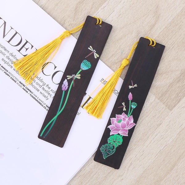 2 Pcs Wooden Handmade Bookmark Chinese style Lotus With Dragonfly Painted Bookm Carousel 3