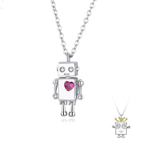 925 Sterling Silver Robot Lover Couple Pendant Necklace Crown and Heart Jewelry Carousel 2