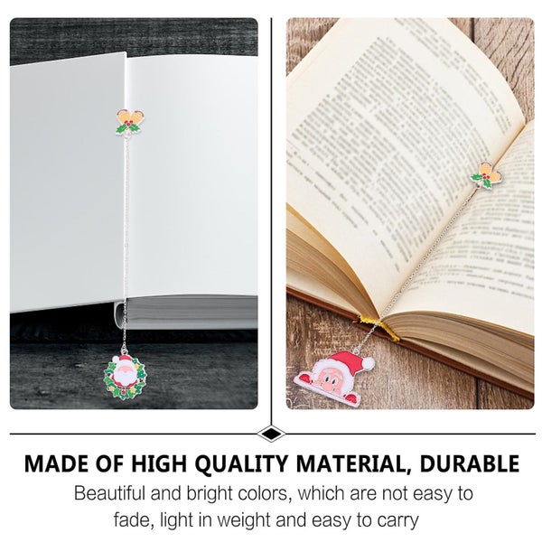 4pcs Christmas Alloy Bookmarks With Deer Bow Wreath And Santa Claus Pendant Carousel 4
