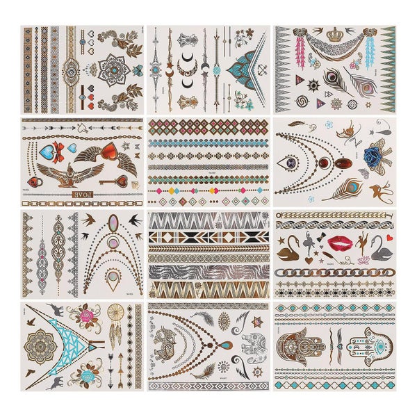 12 Pcs Temporary Tattoos Glitter Waterproof Gold Silver Transfer Tattoo Party D Carousel 2