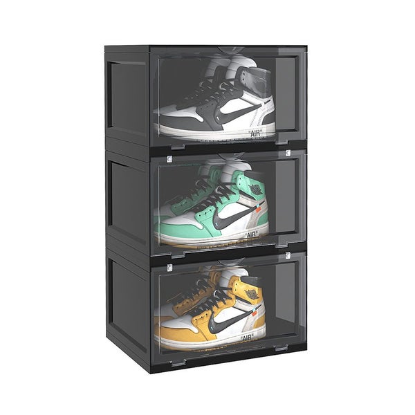 SOGA 3 Tier Black Portable Shoe Organiser Sneaker Footwear Folding Plastic Bi... Carousel 1