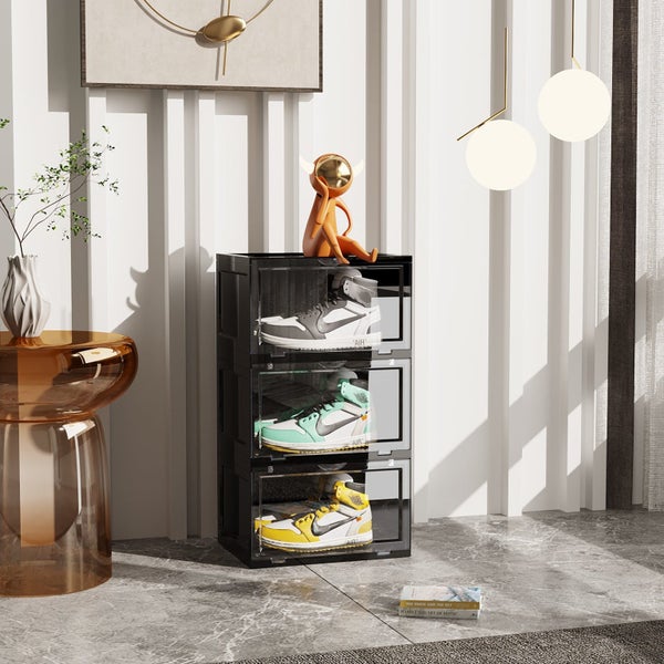 SOGA 3 Tier Black Portable Shoe Organiser Sneaker Footwear Folding Plastic Bi... Carousel 2