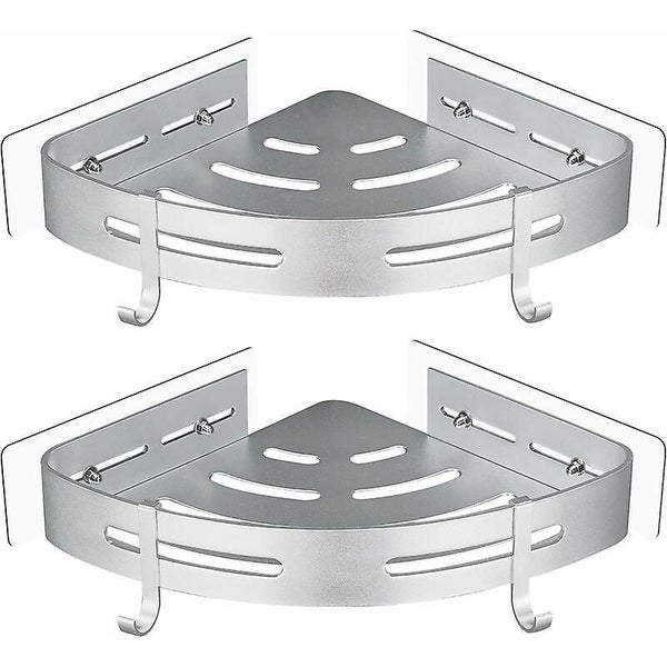 No Drilling Metal Corner Shower Shelf With 2 Hooks Shower Shelf And Storage Carousel 1