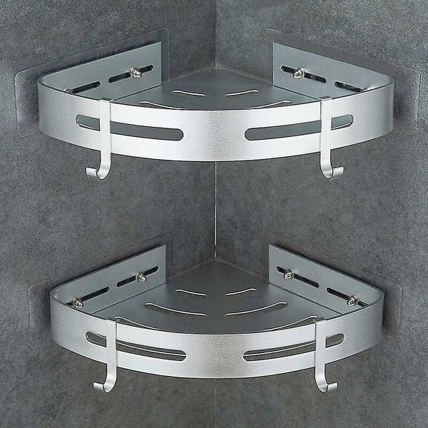 No Drilling Metal Corner Shower Shelf With 2 Hooks Shower Shelf And Storage Carousel 2