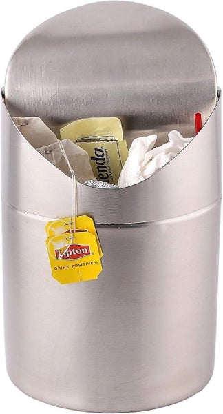 Mini Countertop Trash Can | Brushed Stainless Steel Swing Top Lid Trash Bin Carousel 1