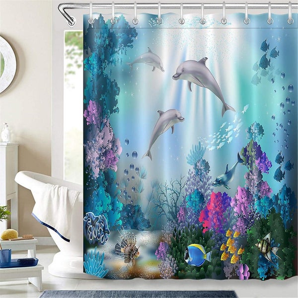 Underwater Shower Curtain With Hooks180x200cm Dolphins Fish Coral Patterned B Carousel 1
