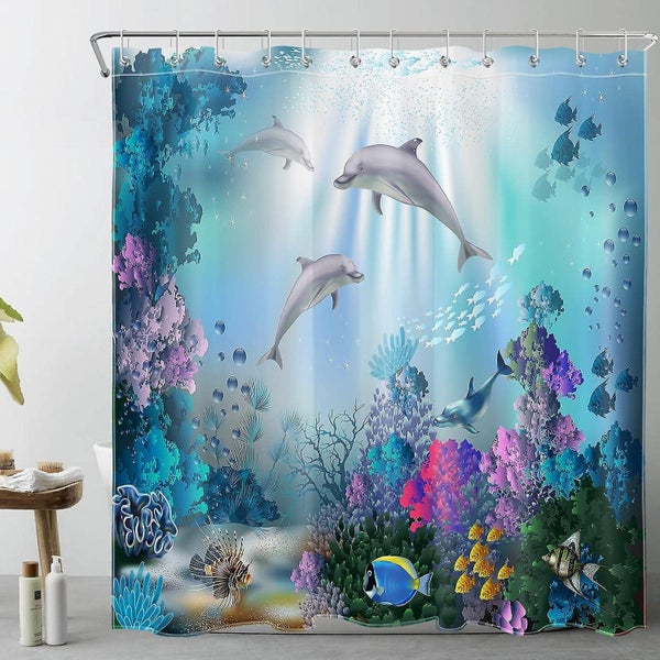 Underwater Shower Curtain With Hooks180x200cm Dolphins Fish Coral Patterned B Carousel 2