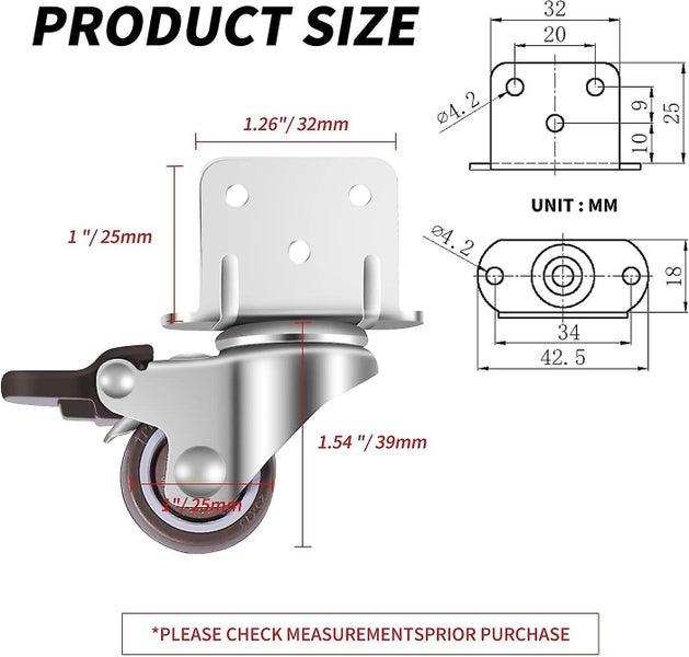 4x Swivel Castors Furniture Castors Wheels With Brake L-mounting Plate 25mm Carousel 2