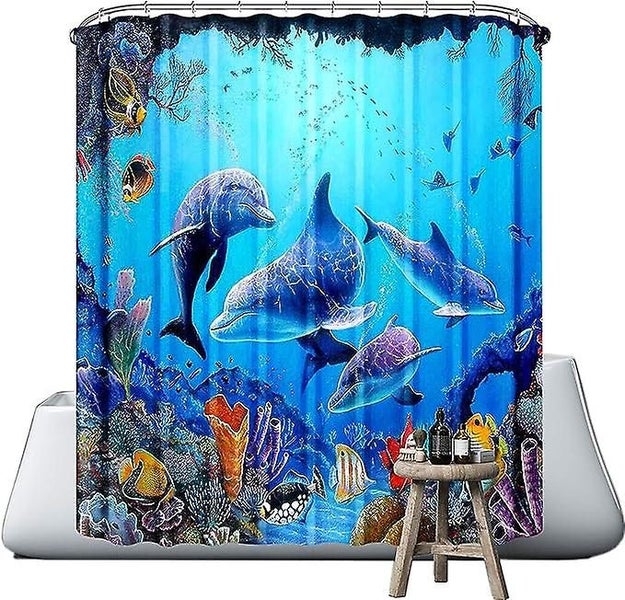 Blue Shower Curtain ocean Dolphin 180 X 180 Cm Machine Washable Waterproof Carousel 1