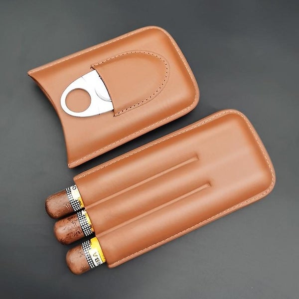 Leather Cigar Case Travel Humidor For 3 Cigars With Cigar Cutter Carousel 1