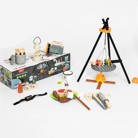 Wooden Camp Toys Set for Kids, 45 Pieces Camping Equipment and Bonfire Grill Carousel 7