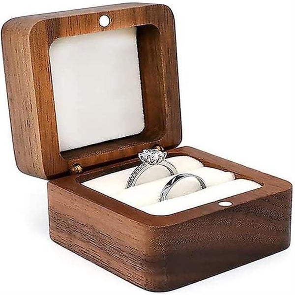 Square Wooden Ring Box For 2 Rings Jewelry Box Storage Handmade Engagement Wed Carousel 1