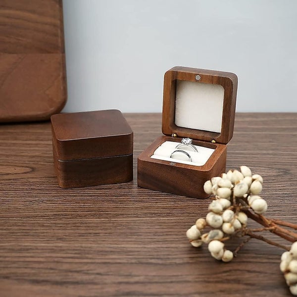 Square Wooden Ring Box For 2 Rings Jewelry Box Storage Handmade Engagement Wed Carousel 5