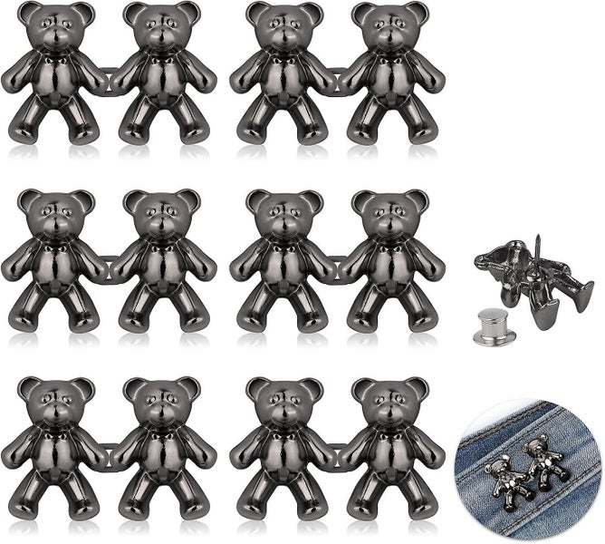 6 Pairs Of Adjustable Jeans Button Pins dark Gray Cute Bear Jeans Buttons F Carousel 1
