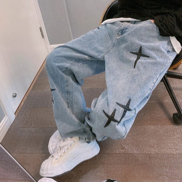 Prints Jeans Men 2023 New Streetwear Baggy Wide Leg Jeans Korean Carousel 2