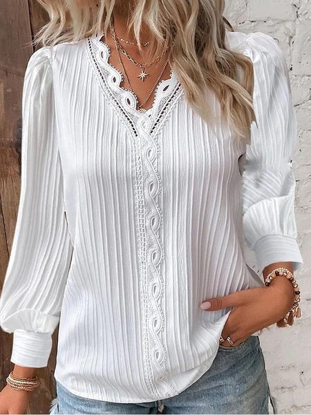 Women Lace Stitching Shirt Solid V-neck Simple Black Chiffon Carousel 1