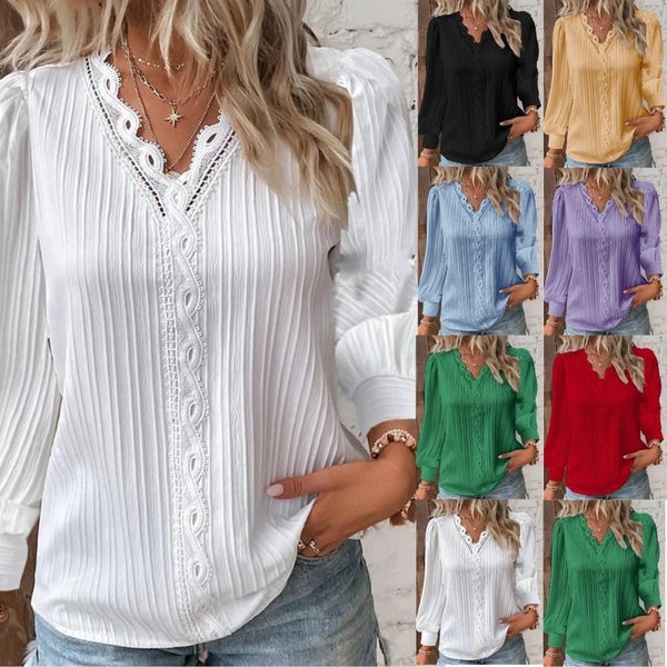 Women Lace Stitching Shirt Solid V-neck Simple Black Chiffon Carousel 2