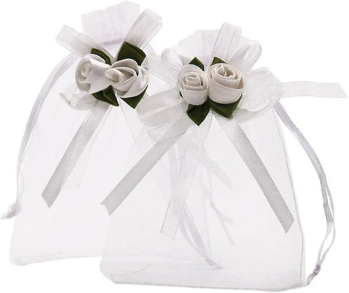 50pcs 10x12cm Sheer Organza Bags White Rose Drawstring Bag Candy Pouches Jewel Carousel 1