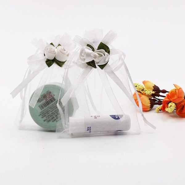 50pcs 10x12cm Sheer Organza Bags White Rose Drawstring Bag Candy Pouches Jewel Carousel 5