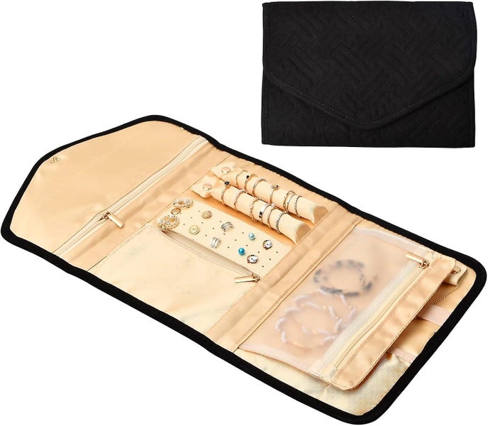 black 1 Roll Up Jewelry Bag Leather Travel Jewelry Pouch Foldable Jewelry Carousel 1