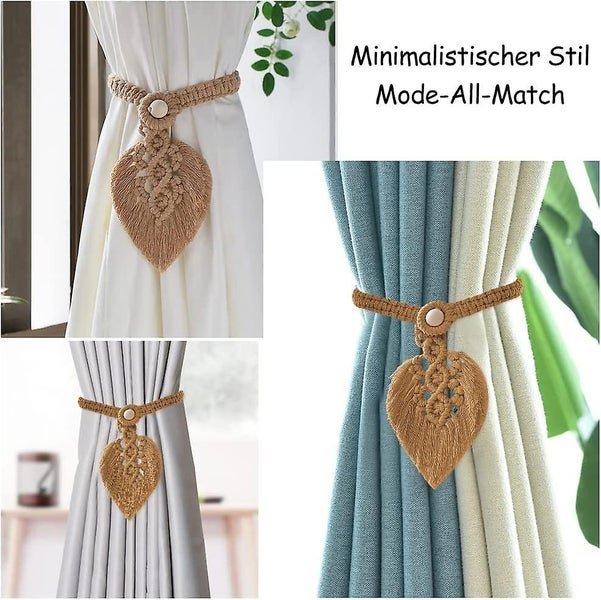 Set Of 4 Boho Curtain Tiebacks Leaves Cotton Macrame Curtain Clips Feather C Carousel 2