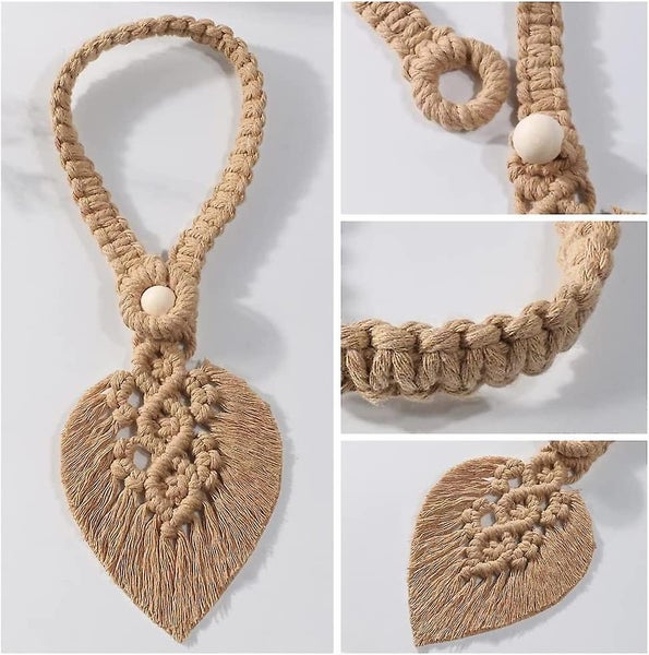 Set Of 4 Boho Curtain Tiebacks Leaves Cotton Macrame Curtain Clips Feather C Carousel 5