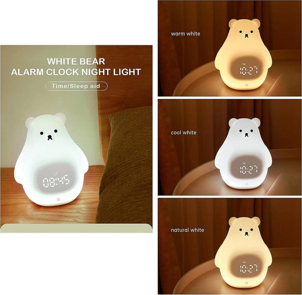 Cute Big White Bear Night Light Alarm Clock With Time Display Adjustable Brigh Carousel 2