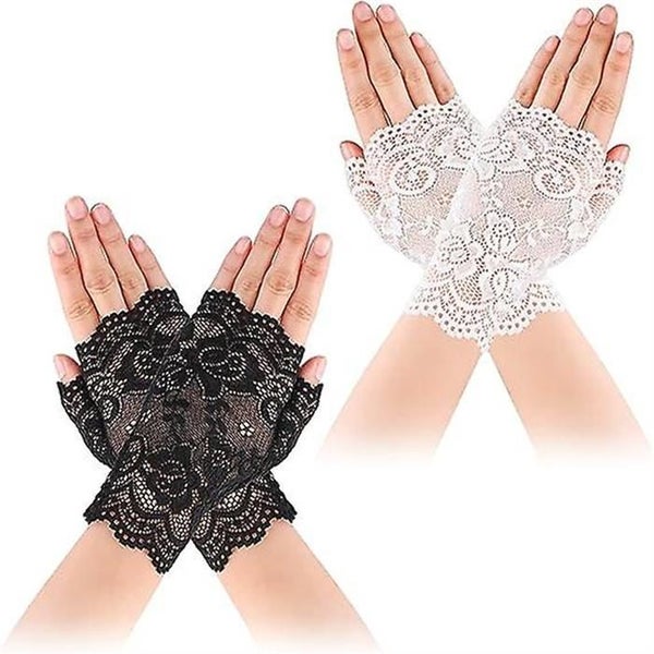2 Pairs Of Women's Short Lace Gloves white And Black Fingerless Flower Glov Carousel 1