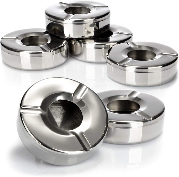 6x Stainless Steel Ashtrays Wind Ashtray With Removable Lid To Protect Again Carousel 1
