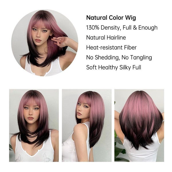 FERRE Black Pink Ombre Synthetic Cosplay Long Straight Layered Wigs with Bang... Carousel 1