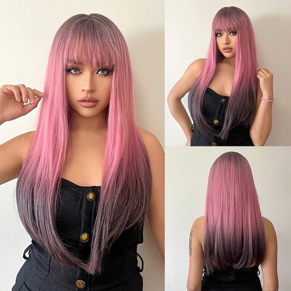 FERRE Black Pink Ombre Synthetic Cosplay Long Straight Layered Wigs with Bang... Carousel 1