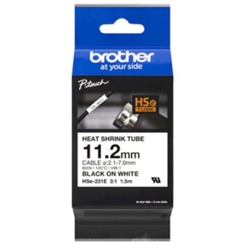 Brother HSe-231E 11.2mm x 1.5m Black on White Heat Shrink Tape Carousel 1