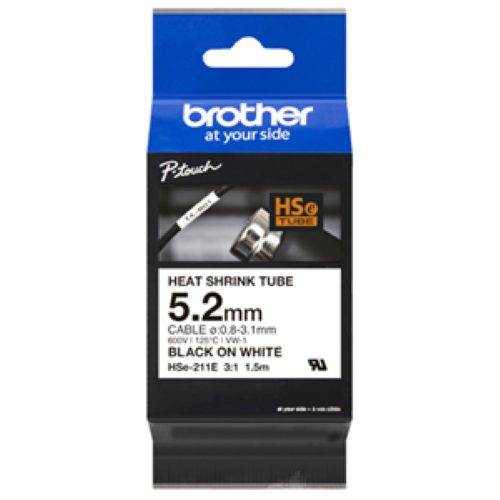 Brother HSe-211E 5.2mm x 1.5m Black on White Heat Shrink Tape Carousel 1