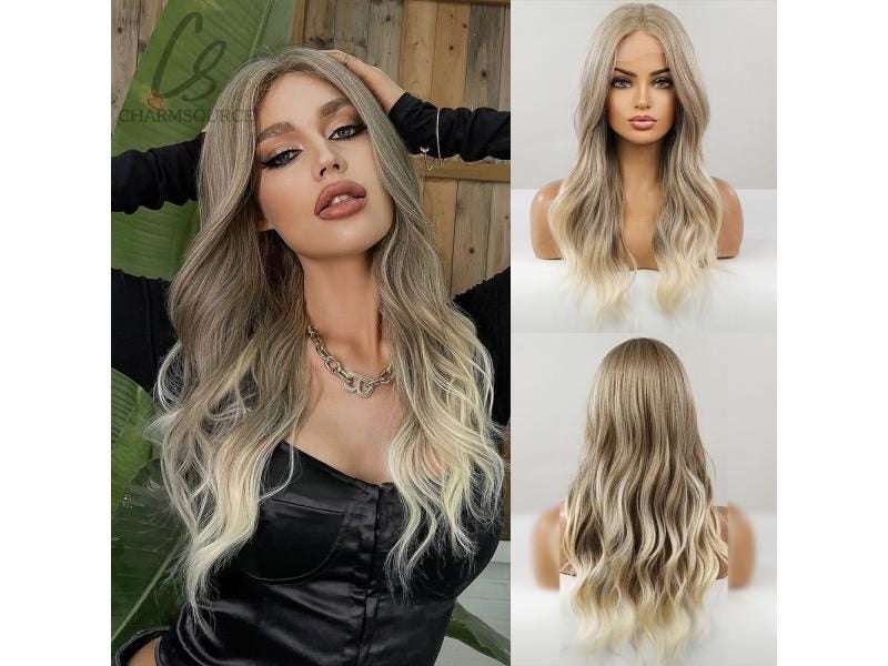 CharmSource Synthetic Front Lace Wig Long Wavy Wigs Ombre Grey To Blonde Daily Carousel 2