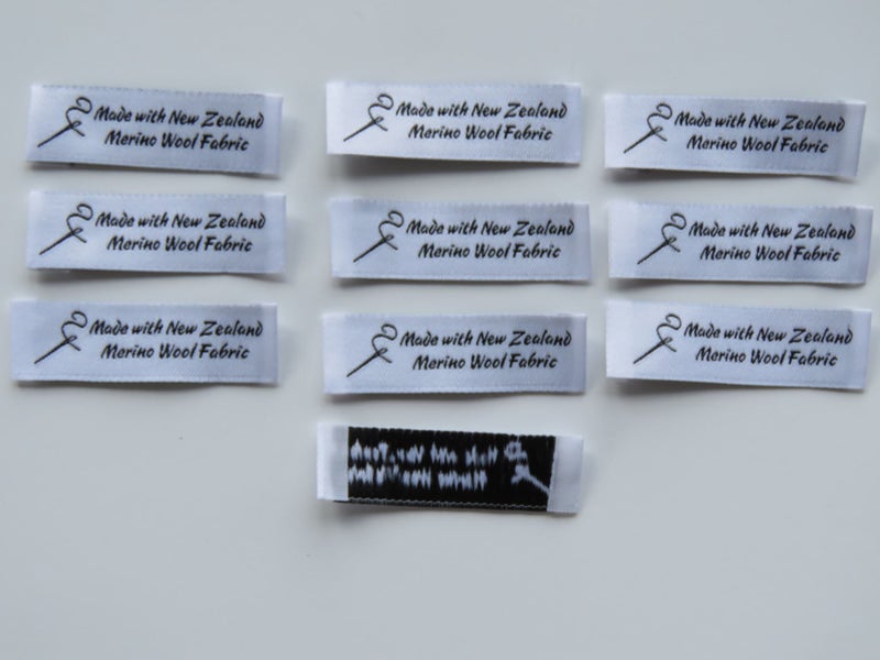 10 Needle Thread White Made with NZ Merino wool fabric woven labels 50 x 15mm Carousel 1