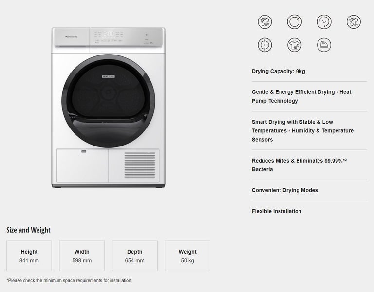 Panasonic 9kg Heat Pump Dryer with Gentle Drying & Hygiene Care 12 Program Carousel 16