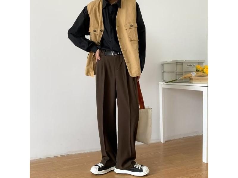 Brown Black Slim Fit Men's Dress Pants Casual Straight Trousers Carousel 1
