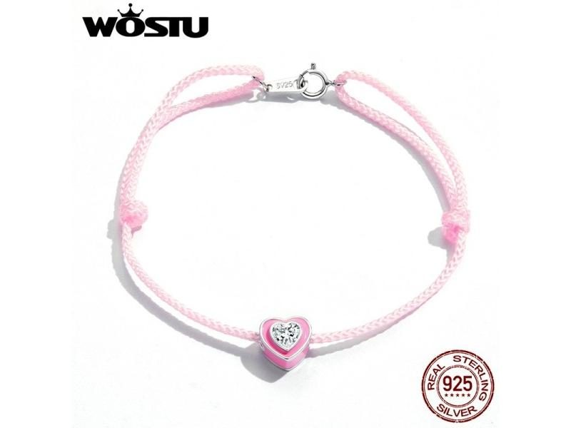 WOSTU Pure 925 Sterling Silver Pink Heart Rope Ankle 22.5CM Adjustable Size Carousel 1