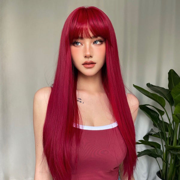 Light Wine Red Synthetic Wigs With Bangs for Women Long Straight Hair Wig Nat... Carousel 2