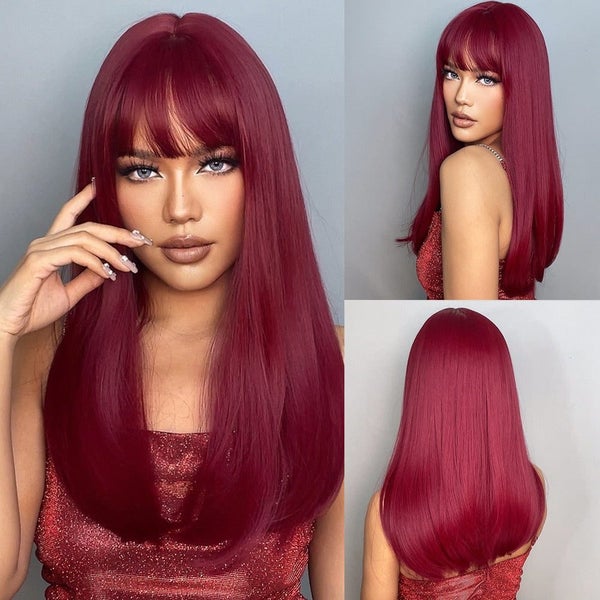 Light Wine Red Synthetic Wigs With Bangs for Women Long Straight Hair Wig Nat... Carousel 1