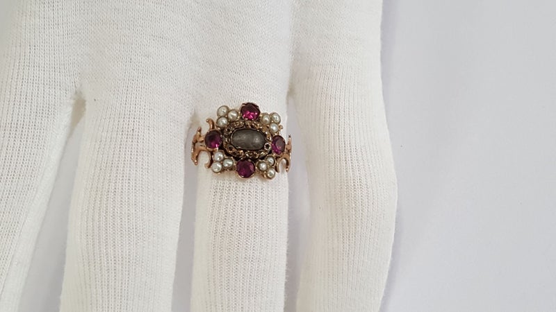 Beautiful Georgian 15-18 Carat Gold Pink Tourmaline & Seed Pearl Memorial Ring Carousel 6