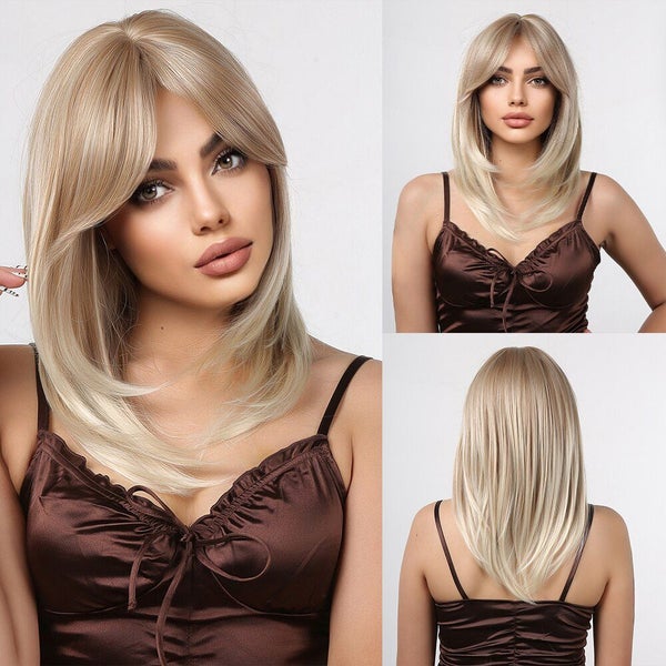 Brown Blonde Ombre Short Bob Wigs for Women Cosplay Synthetic with Bangs Dark... Carousel 1