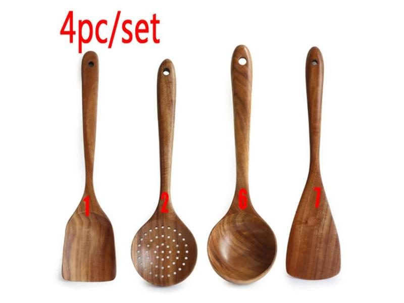 1-7 Pieces/set Teak Kitchen Accessory Kit With Spoon Colander Spoon Carousel 1