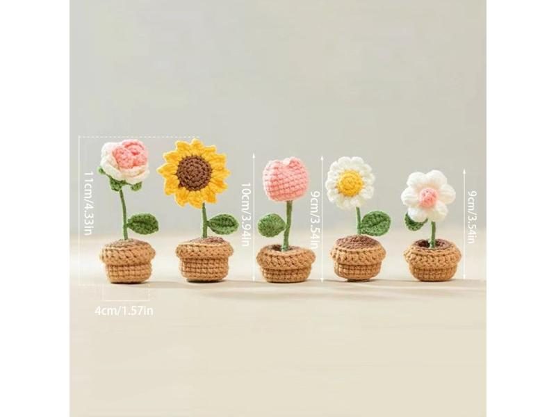 Hand Knitting Potted Plants Rose Sunflower Tulip Crochet Flowers For Car Carousel 2