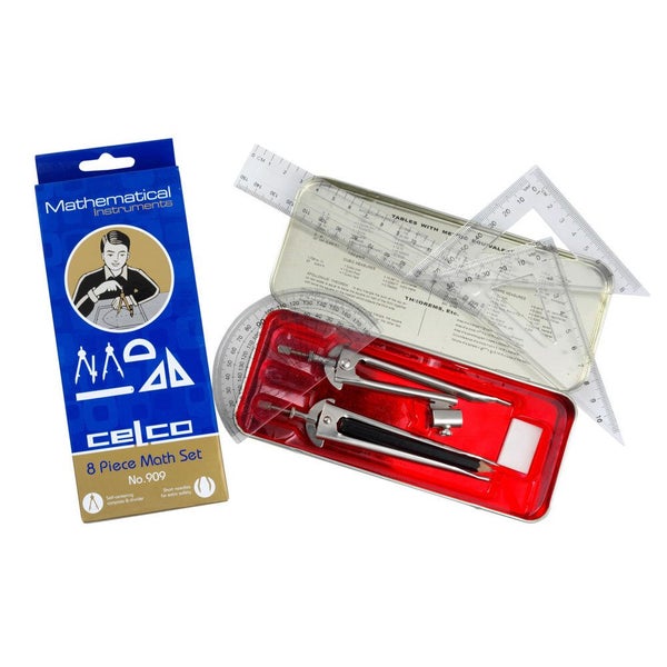 8pc Celco Mathematical Instruments Study Set School Home Ruler Protractor w Tin Carousel 1