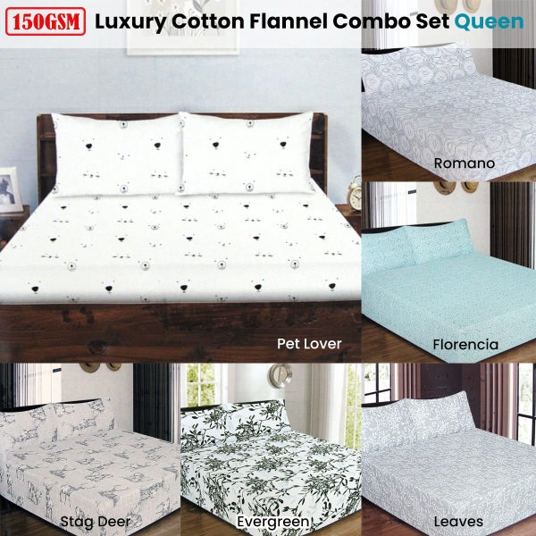ICF Store Cotton Flannel Combo Fitted Sheet Set Queen Carousel 2