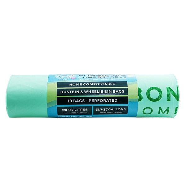 10PK Bonnie Bio Compostable 120-140L Dustbin & Wheelie Bin Garbage Bags Green Carousel 1