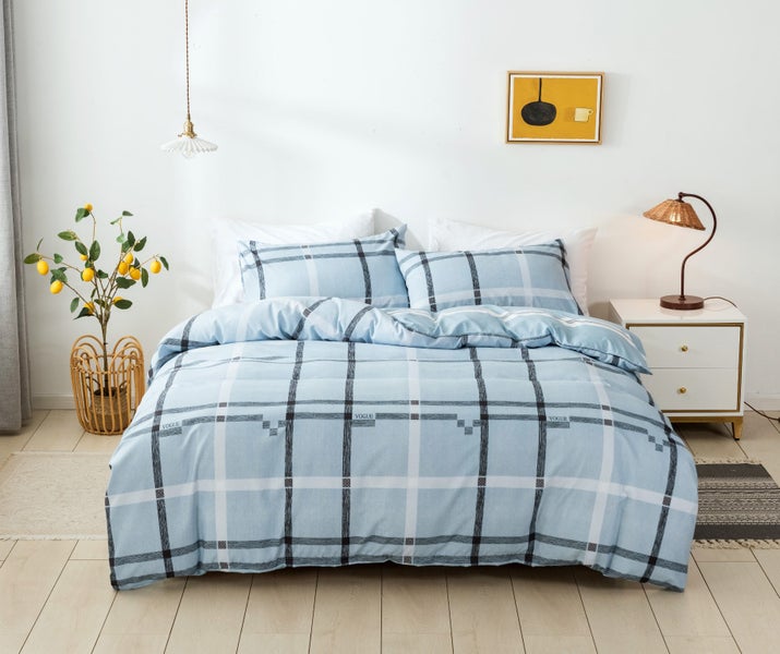 3pcs Microfiber Duvet Cover Set City Plaid Blue King Size Carousel 1