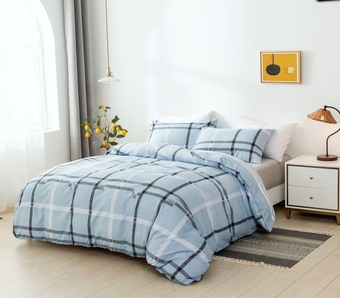 3pcs Microfiber Duvet Cover Set City Plaid Blue King Size Carousel 2