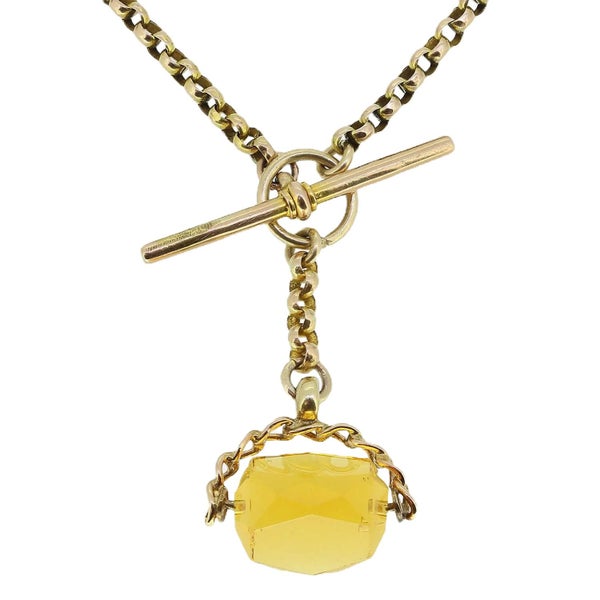 Vintage 9k Gold Spinning Citrine Fob and Heart Charm Necklace Carousel 1